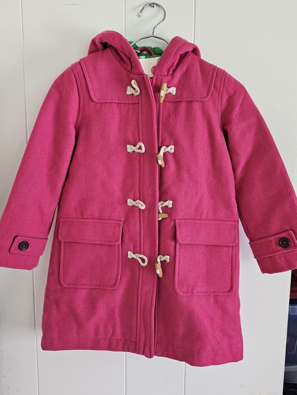 NWT Mini Boden Girls Hooded Toggle Pea Coat - Bright Pink Green Lining Size 7-8y